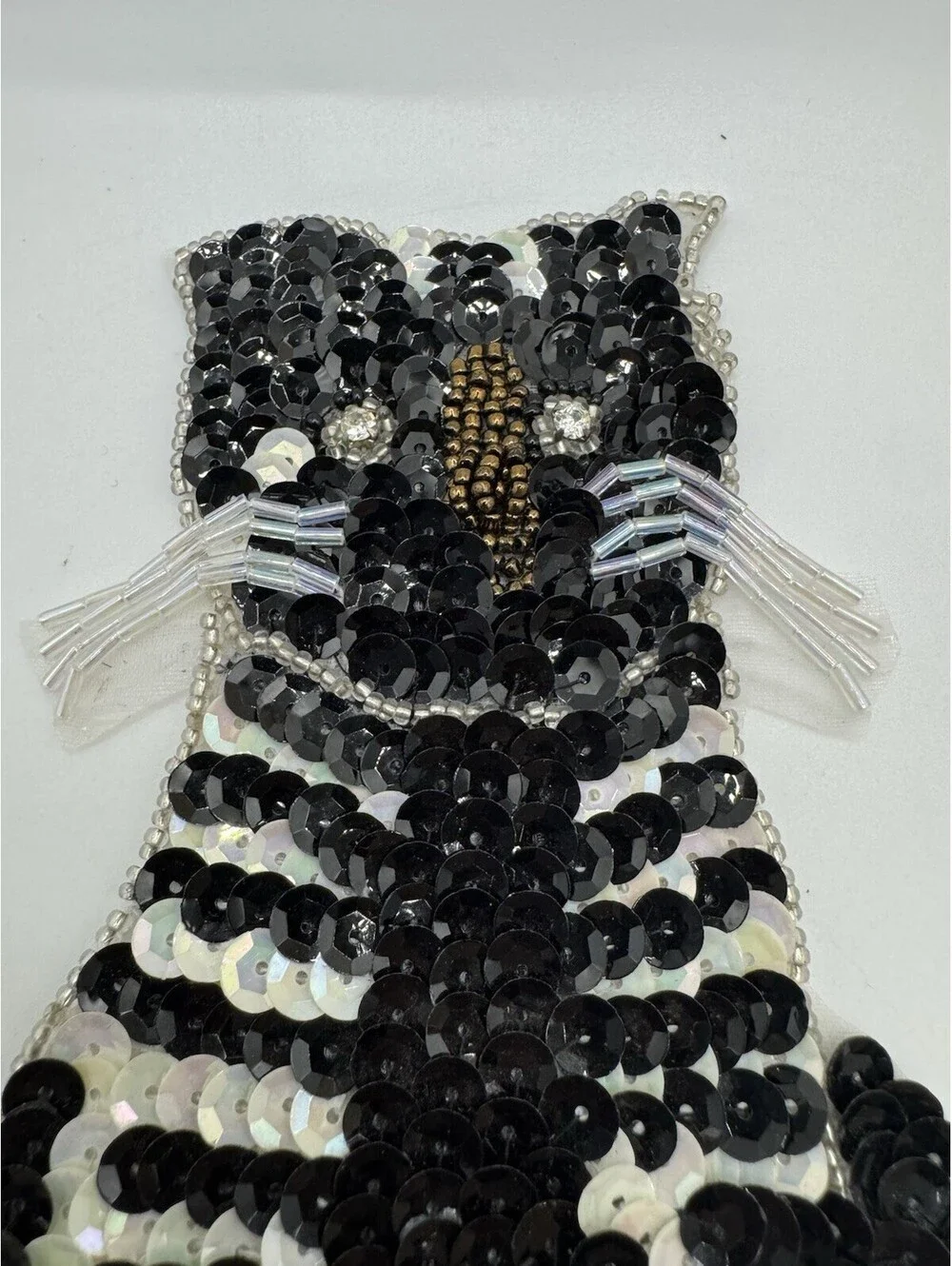Sequined & Beaded Black And White Cat Sew On Patch NOS